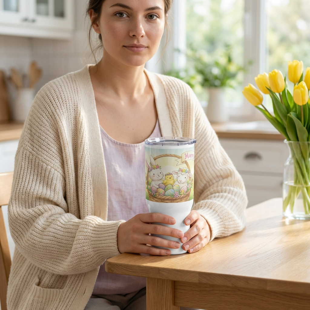 Spring Bloom Easter travel mug with handle, 17oz stainless steel