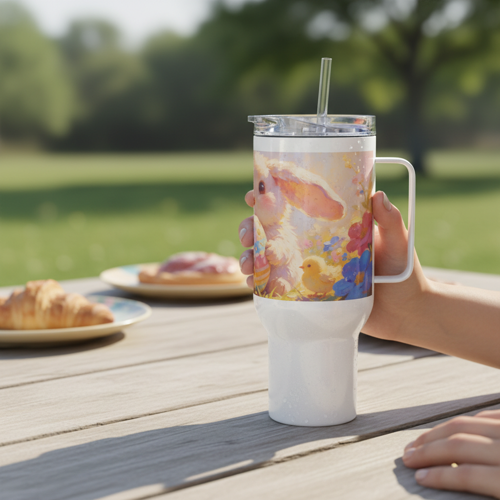 Golden Egg Easter travel mug with handle, stainless steel, spill-proof